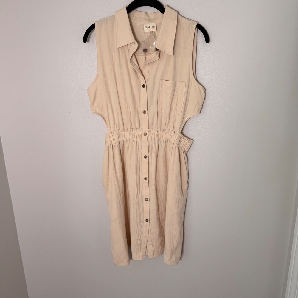 Neutral Summer Button Down Cotton Shirt Dress NEW (SM) Cutouts Sleeveless Cream - Picture 7 of 15